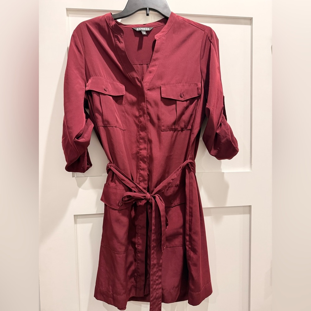 Express Wine-Red Button Front Shirt Dress with Tie Belt